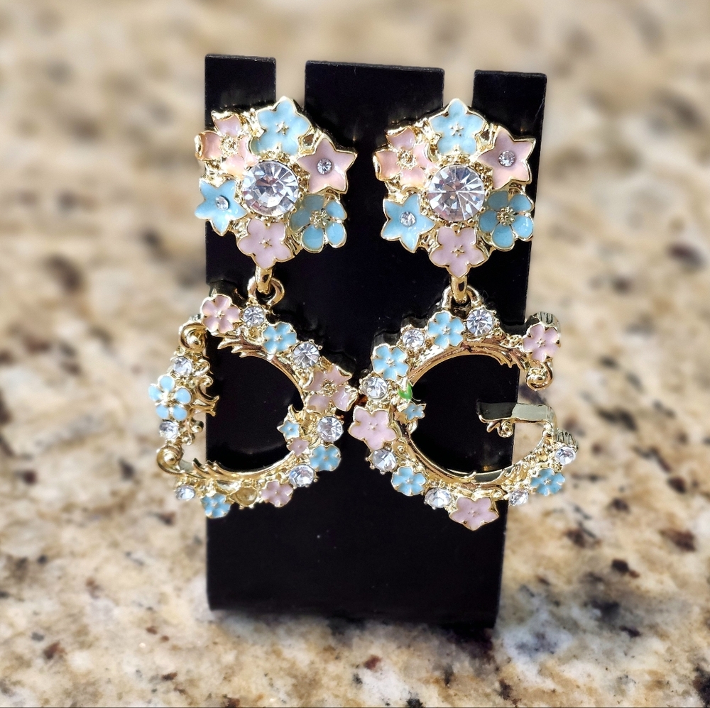 Gold Floral Pink And Blue Earrings